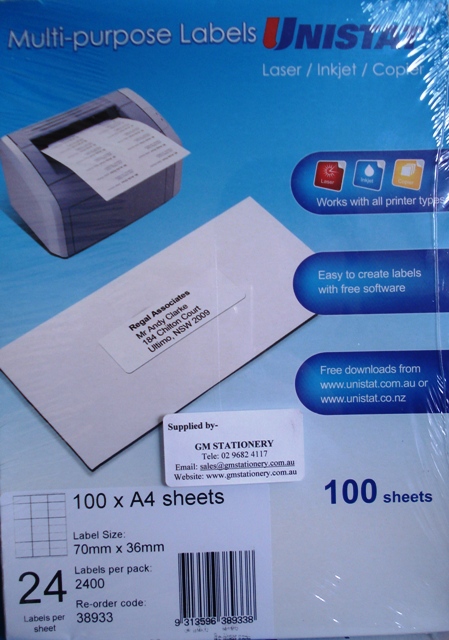 38933 Label Unistat 70x36mm 24 per sheet Box 2400.